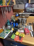 MISC. TOOL LOT: ASSORTED WOODWORKING TOOLS, CLAMPS, VISE, LIGHT