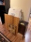 MISCELLANEOUS LOT: GLASS TOP PEDESTAL CUBE, FOAM, FLOORING SAMPLES, CUSHIONS