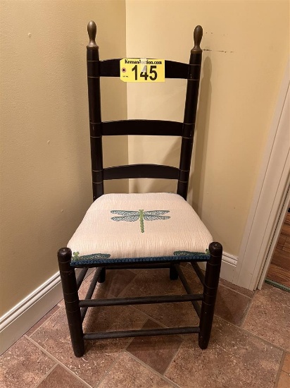 LADDER BACK CHAIR W/ DRAGON FLY UPHOLSTERED SEAT
