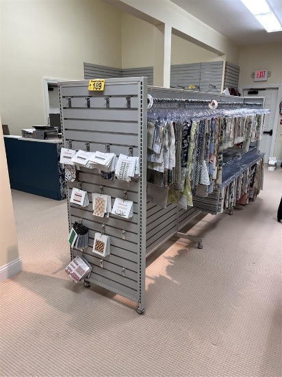 12'L X 67"H MOBILE SLAT WALL DISPLAY W/ UPHOLSTERY SAMPLES
