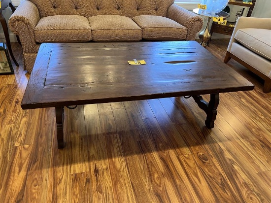 58" X 35" RUSTIC COFFEE TABLE, IRON BRACING