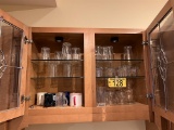 CONTENTS OF KITCHEN CABINETS: GLASSWARE, BATTERY BACKUP, CLEANING SUPPLIES, OFFICE ITEMS