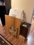 MISCELLANEOUS LOT: GLASS TOP PEDESTAL CUBE, FOAM, FLOORING SAMPLES, CUSHIONS