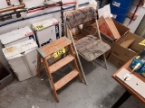 LOT: 2' WOOD STEP LADDER, UPHOLSTERED FOLDING CHAIR