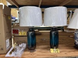 BID PRICE X 2 - (2) TABLE LAMPS, GREEN GLASS BASE , DRUM SHADE, 26.5