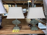 BID PRICE X 2 - (2) TABLE LAMPS, GREEN PATINATED TIERED BASE, BELL SHADE, 21