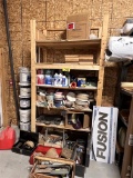 LOT OF CARPET INSTALLATION TOOLS, RUG BINDING MATERIAL, PAINT, ADHESIVE