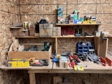 LOT: HAND TOOLS, HAND SAWS, MITER BOX, FASTENERS, CLAMPS, MISC. BITS
