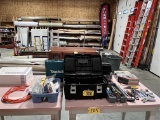 MISCELLANEOUS TOOL LOT: TOOL BOX, HAND TOOLS, EXTENSION CORD FASTENERS, HARDWARE