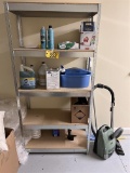 4-SHELF STORAGE RACK, CLEANING TOOLS, VACUUM, SUPPLIES