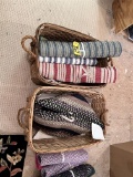 LOT: 2-WOVEN BASKETS W/ ROPE HANDLES, 4-AREA RUGS, PAWTUCKET BASKET