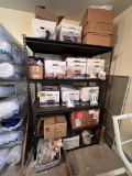 LOT: ASSORTED CURTAIN HARDWARE, ROD HOOKS, STORAGE SHELF