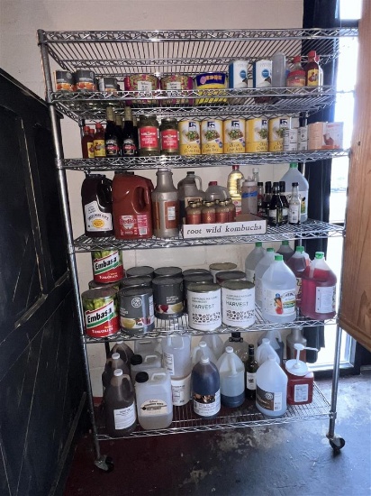 SEVILLE CLASSICS S/S 6-SHELF WIRE STORAGE RACK ON CASTERS, 5' X 18" X 6'H, & CONTENTS: