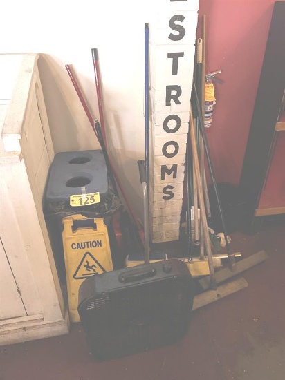LOT OF CLEANING TOOLS, FAN, RECYCLING BIN W/ LID