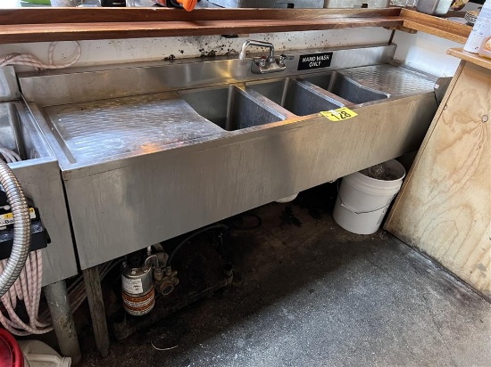 S/S 5' X 19" 3-COMPARTMENT BACK BAR SINK, 10" X 14" X 16" BAYS, 18" DRAIN TABLES
