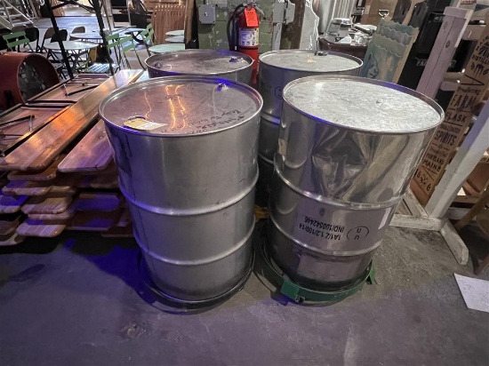 BID PRICE X 4 - (4) S/S 55-GAL. DRUMS W/ 4-ULINE BARREL DOLLIES