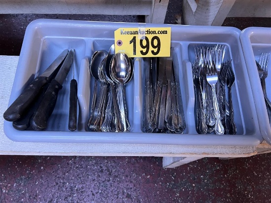 FLATWARE CADDY & ASSORTED SILVERWARE