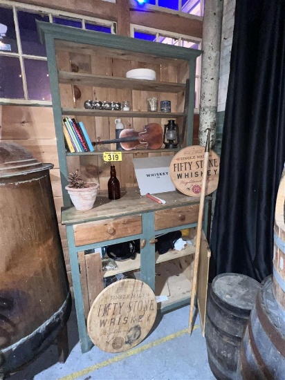 BUFFET CABINET & CONTENTS: SIGNAGE, BARWARE, & MISC. DECOR