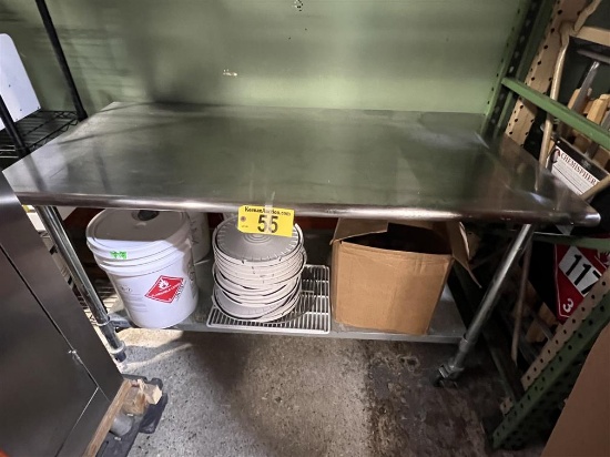 5' X 30" S/S TABLE W/ LOWER GALVANIZED SHELF, ROLLED EDGES, ON CASTERS