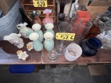 LOT OF ASSORTED GLASS VASES, CANDLESTICK HOLDERS, FENTON GLASS