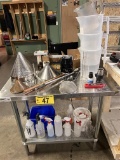 LOT: ASSORTED MEASURING ITEMS, FUNNELS, CLEANING BOTTLES