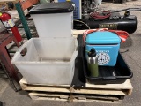 LOT: PLASTIC STORAGE TOTES, IGLOO POORTABLE COOLER, BUS TUB, WATER BOTTLE