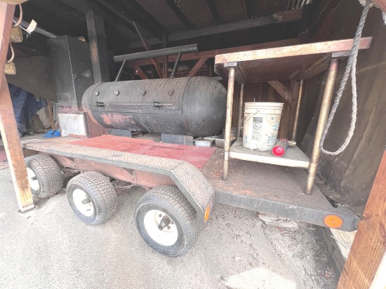 *BUYER TO REMOVE SMOKER FROM UNDER SHELTER. TRAILER MOUNTED WOOD FIRED SMOKER, 14'4" X 8.5'