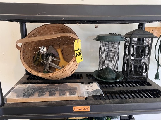 LOT: BIRD FEEDERS, LAWN SPRINKLER, SNOW HEIGHT GAUGE, BASKET