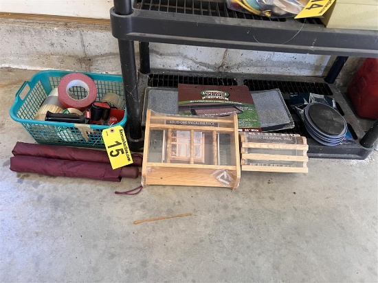LOT OF MISC. HOUSEHOLD ITEMS, MAGAZINE SHELVES, TAPE GUN