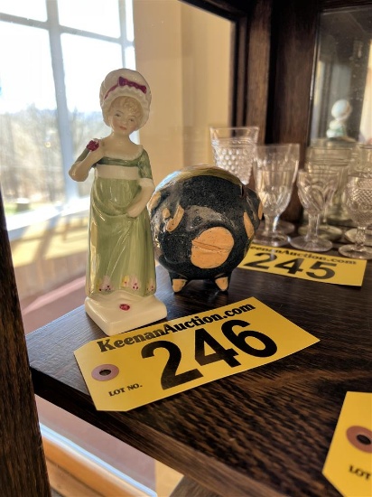 LOT: ROYAL DOULTON ENGLAND FIGURINE, KATE GREENAWAY COLLECTION, & CERAMIC PIGGY BANK
