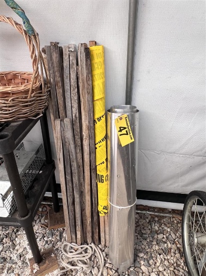 LOT OF LAWN STAKES, ALUMINUM FLASHING, FENCE