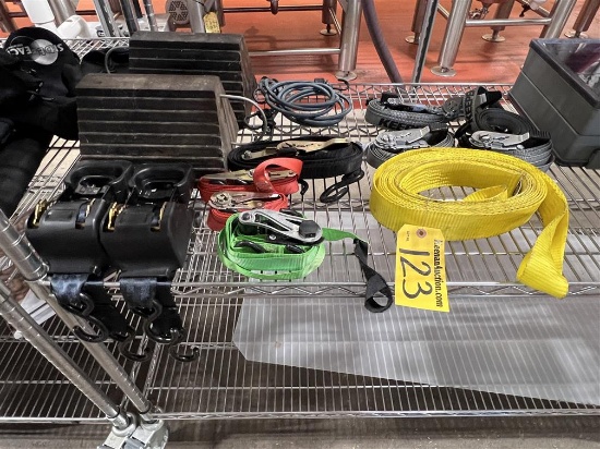 LOT OF ASSORTED RATCHET STRAPS, BUNGEES, TIRE CHOCKS