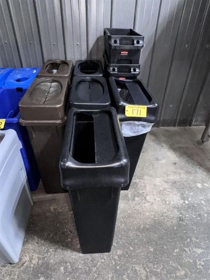 BID PRICE X 9 - (9) ASSORTED RUBBERMAID SLIM TRASH BINS W/ 5-LIDS