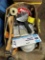 BOX LOT OF ASSORTED PAINT SUNDRIES, KNEE PADS, SAND PAPER
