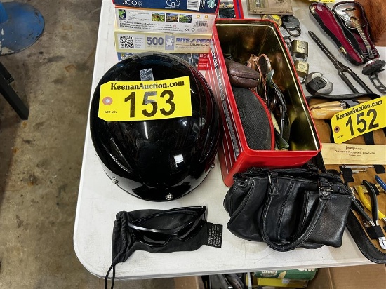 LOT: SIZE SMALL RIDING HELMET, ASSORTED EYEWEAR, WOMAN'S PURSE