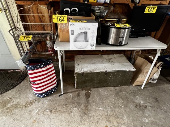 LOT OF MISC. HOUSEHOLD ITEMS, FOLDING TABLE, STORAGE BOX
