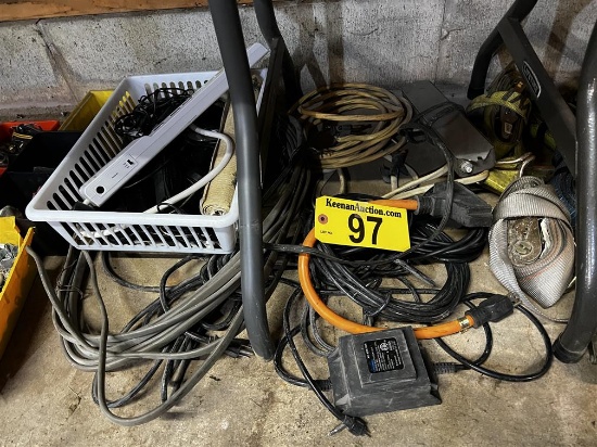 ASSORTED ELECTRICAL CORDS, WIRES, POWER STRIPS