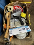 BOX LOT OF ASSORTED PAINT SUNDRIES, KNEE PADS, SAND PAPER