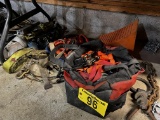 LOT OF ASSORTED STRAPS, BUNGEES, WHEEL CHOCK