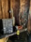 CONTENTS IN CORNER: COLUMBIA BENCH VISE, MISC. HAND TOOLS, GLOVES, PARTS BIN & CONTENTS