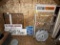 CONTENTS ON BACK WALL: VINTAGE SIGNAGE, RETAIL SLANTED DISPLAY RACK, FLOOR FAN, MISC.