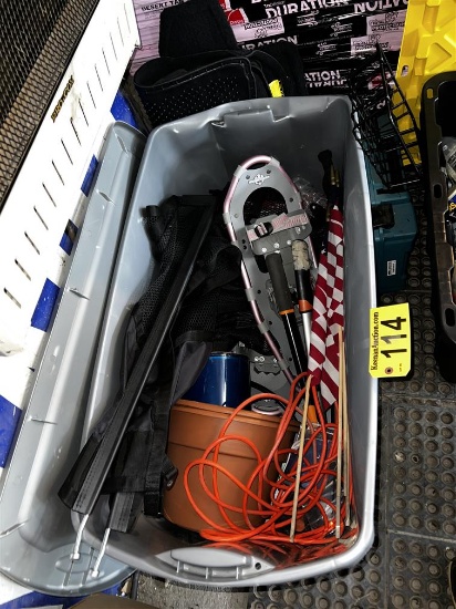CONTENTS OF 1-TOTE: LAWN & GARDEN SUPPLIES, SNOW SHOES, TUNDRA FLOOR MATS, AMERICAN FLAG