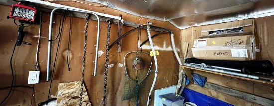 LOT: CRAFTSMAN WORK LIGHT, CHAIN, FISHING NET, 2-SCYTHES