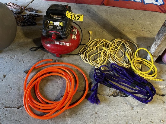 CENTRAL PNEUMATIC 3-GAL. PORTABLE AIR COMPRESSOR W/ AIR HOSE & ASSORTED ROPE