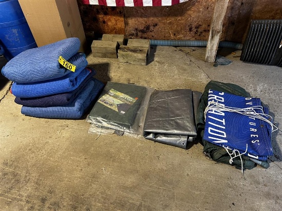 LOT OF ASSORTED PACKING BLANKETS, TARPS, MISC. BANNERS