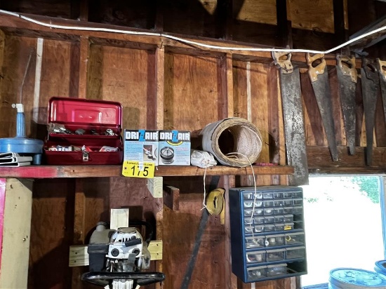 CONTENTS ALONG WALL: MISC. AUTOMOTIVE, TWINE, DRAIN SNAKE, CONTENTS IN CABINET