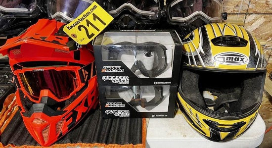 LOT: FXR CLUTCH MEDIUM ATV HELMET W/ GOGGLES, GMAX MEDIUM ATV HELMET W/ NEW MOOSE RACING GOGGLES