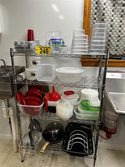 MEIGO 4-SHELF WIRE STORAGE RACK & CONTENTS: