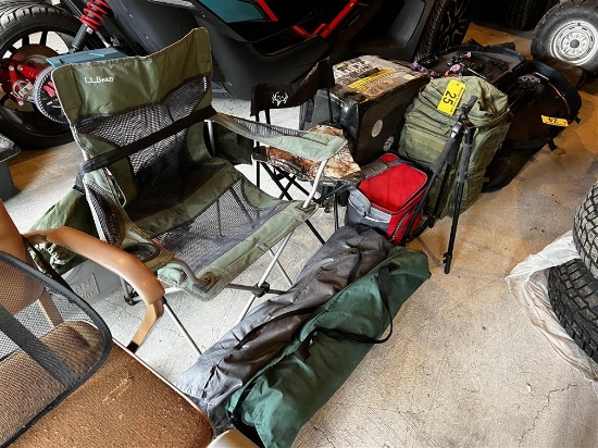 LOT OF ASSORTED HUNTING GEAR, CAMP CHAIRS, SHOOTER'S STICK, COOLER, BACKPACK