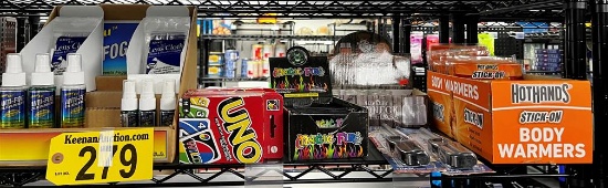 LOT: ANTI-FOG LENSE CLEANER, BODY WARMERS, GRILL LIGHTERS, MAGIC FIRE, UNO CARD GAMES, SHOT GLASSES
